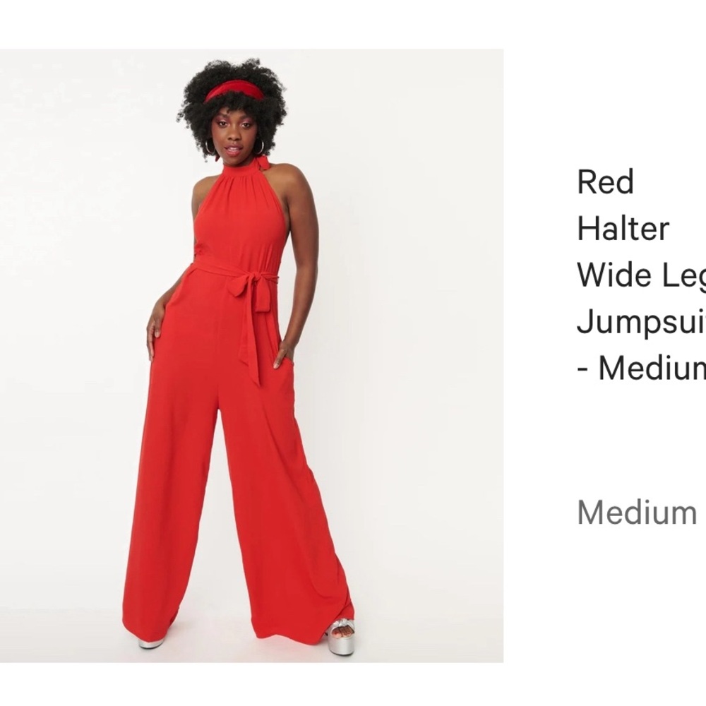 Red wide leg halter jumpsuit -  M